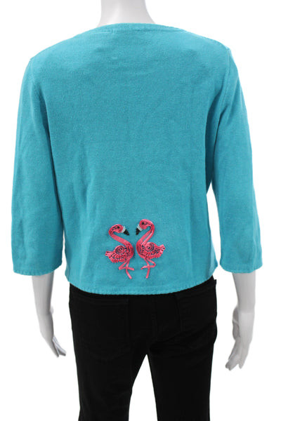 Michael Simon Womens Cardigan Blue Ramie Crew Neck Abstract Long Sleeve Size S