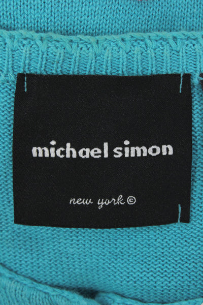 Michael Simon Womens Cardigan Blue Ramie Crew Neck Abstract Long Sleeve Size S