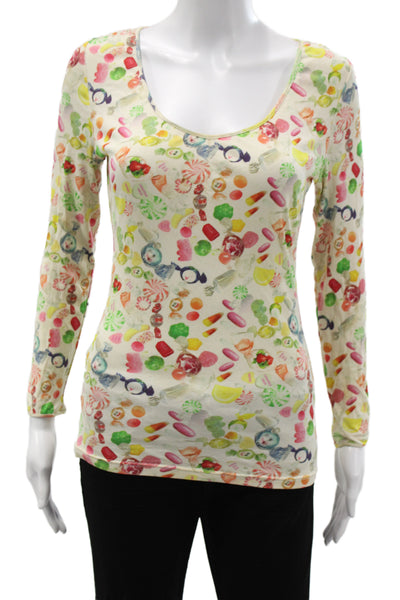 Cynthia Rowley Women Long Sleeve Graphic T-Shirt Multi-Color Silk Size L