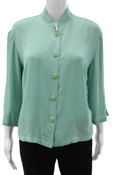 Harari Women Green Mock Neck Button Up Blouse 3/4 Sleeve 90s Size M
