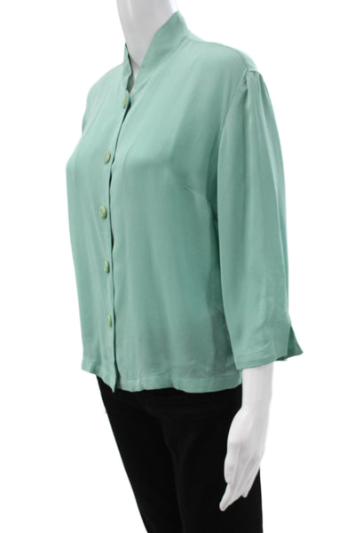 Harari Women Green Mock Neck Button Up Blouse 3/4 Sleeve 90s Size M