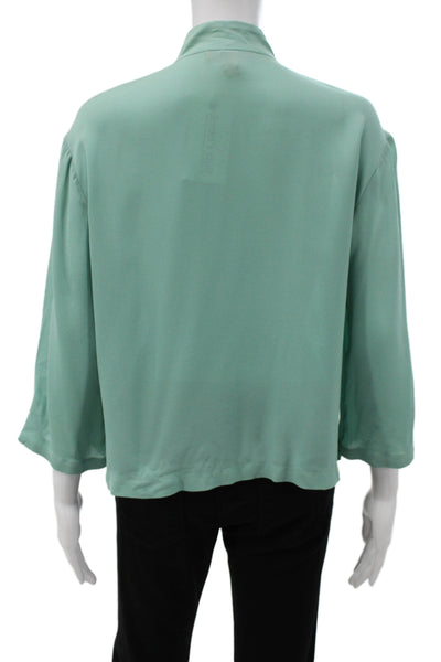 Harari Women Green Mock Neck Button Up Blouse 3/4 Sleeve 90s Size M