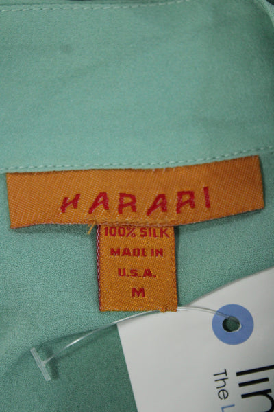 Harari Women Green Mock Neck Button Up Blouse 3/4 Sleeve 90s Size M