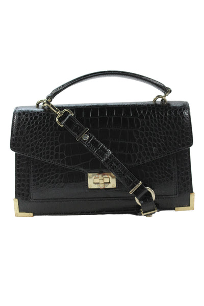 The Kooples Womens Embossed Leather Turnlock Closure Shoulder Handbag Black