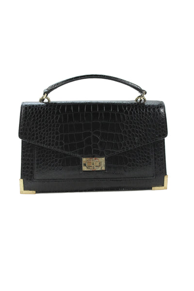 The Kooples Womens Embossed Leather Turnlock Closure Shoulder Handbag Black