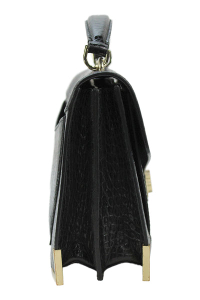 The Kooples Womens Embossed Leather Turnlock Closure Shoulder Handbag Black