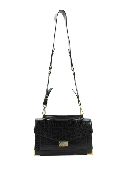 The Kooples Womens Embossed Leather Turnlock Closure Shoulder Handbag Black