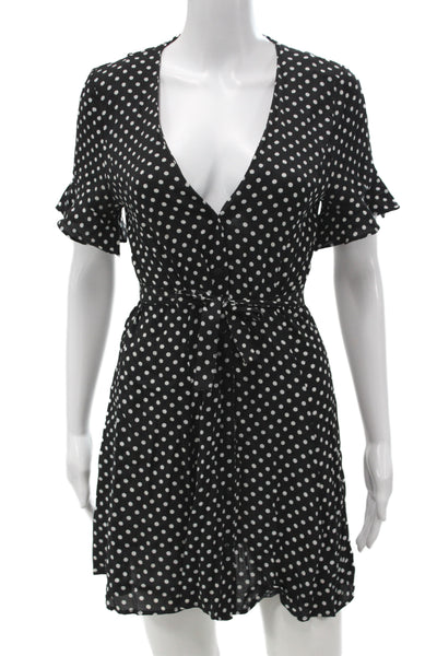 Zara Woman Womens Mini Wrap V-Neck Polka Dot Tie Waist Black Dress Size S
