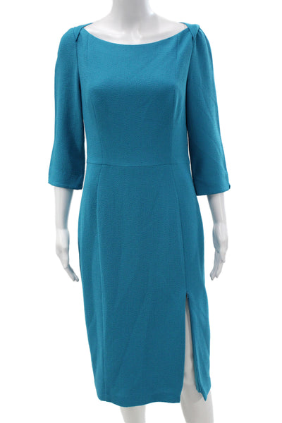 Black Halo Women Sheath Dress Blue 3/4 Sleeve Knee Length Round Neck Size 8