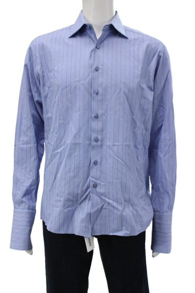 Thomas Pink Mens Point Dress Shirt Blue Striped 100% Cotton Long Sleeve Size 16