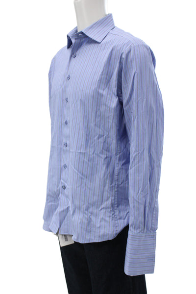 Thomas Pink Mens Point Dress Shirt Blue Striped 100% Cotton Long Sleeve Size 16