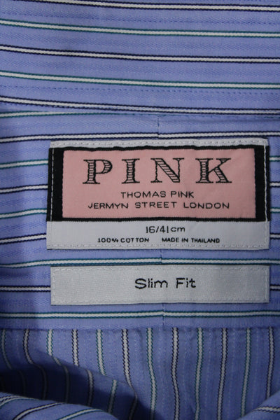 Thomas Pink Mens Point Dress Shirt Blue Striped 100% Cotton Long Sleeve Size 16