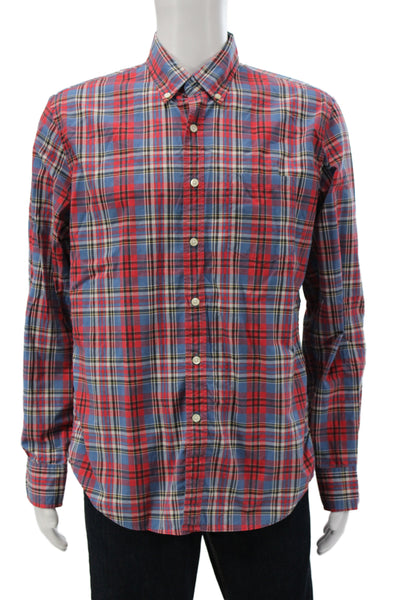 J Crew Mens Button Front Collared Slim Fit Plaid Shirt Red Blue Size Large