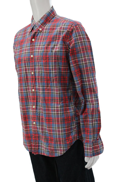 J Crew Mens Button Front Collared Slim Fit Plaid Shirt Red Blue Size Large