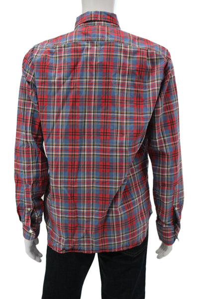 J Crew Mens Button Front Collared Slim Fit Plaid Shirt Red Blue Size Large