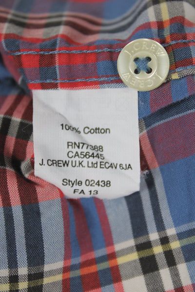 J Crew Mens Button Front Collared Slim Fit Plaid Shirt Red Blue Size Large