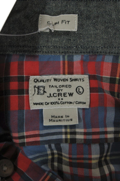 J Crew Mens Button Front Collared Slim Fit Plaid Shirt Red Blue Size Large