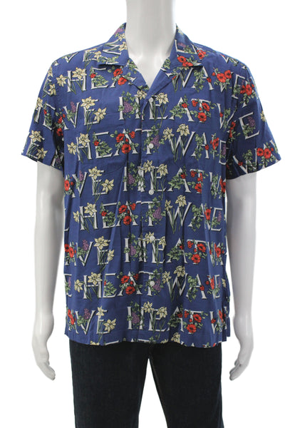 J Crew Mens Button Front Short Sleeve Collared Floral Shirt Navy Size Medium
