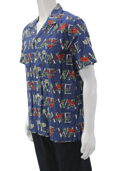 J Crew Mens Button Front Short Sleeve Collared Floral Shirt Navy Size Medium