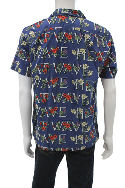 J Crew Mens Button Front Short Sleeve Collared Floral Shirt Navy Size Medium