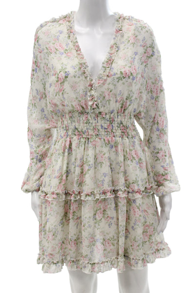 Mable Womens Fit and Flare Mini Dress White Floral Long Sleeve V-Neck Size L