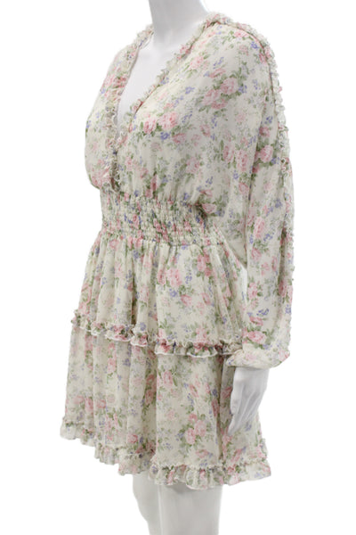 Mable Womens Fit and Flare Mini Dress White Floral Long Sleeve V-Neck Size L