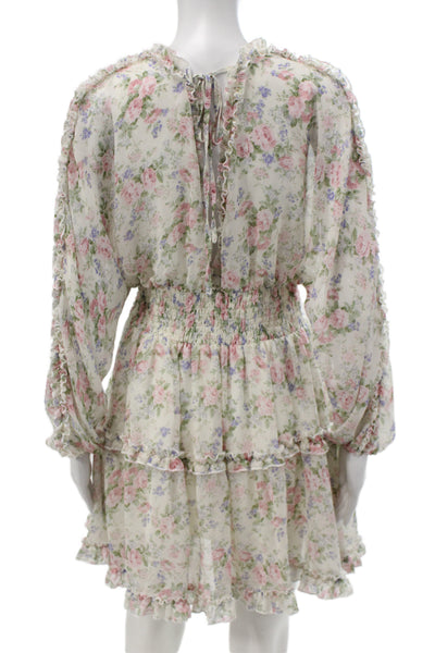 Mable Womens Fit and Flare Mini Dress White Floral Long Sleeve V-Neck Size L