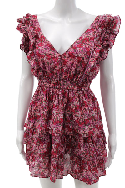 We're All Pretty Girls Womens Mini Sundress Pink Floral V Neck Cotton Size L