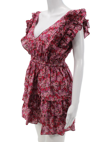 We're All Pretty Girls Womens Mini Sundress Pink Floral V Neck Cotton Size L