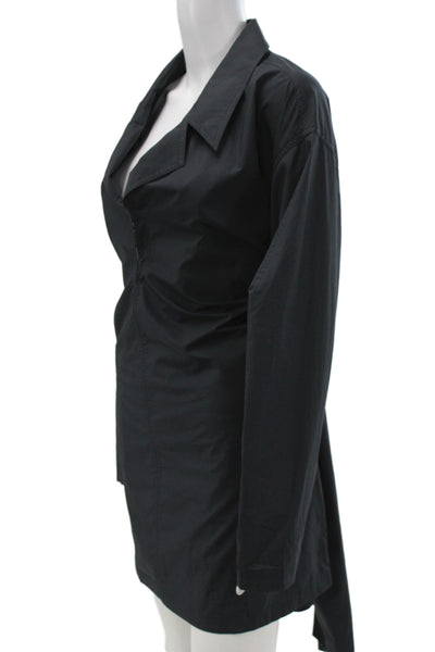 L Academie Womens Black Collared Long Sleeve Shirt Dress Tie Waist Size L
