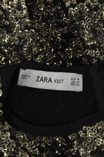 Zara Knit Women Striped Sleeveless Black Tank Viscose Nylon Round Neck Size M