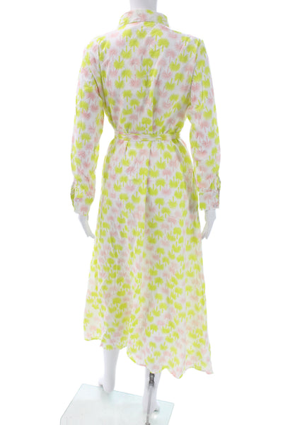 Marea Women Floral Collared Shirt Dress Long Sleeve Pink Midi Size L