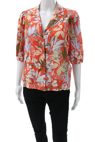 Maje Women Orange Floral Collared Viscose Button Up Blouse 3/4 Sleeve Size 1