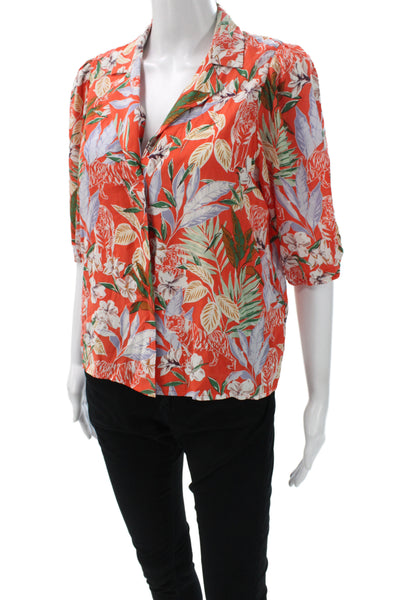 Maje Women Orange Floral Collared Viscose Button Up Blouse 3/4 Sleeve Size 1