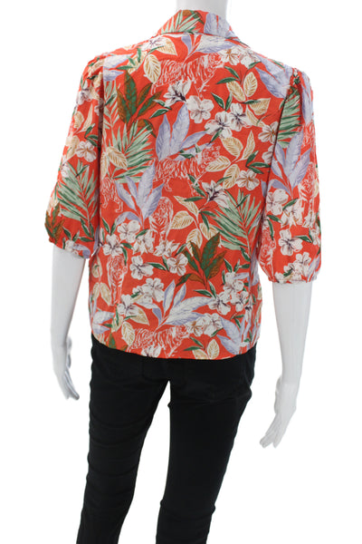 Maje Women Orange Floral Collared Viscose Button Up Blouse 3/4 Sleeve Size 1
