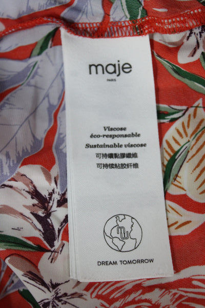 Maje Women Orange Floral Collared Viscose Button Up Blouse 3/4 Sleeve Size 1