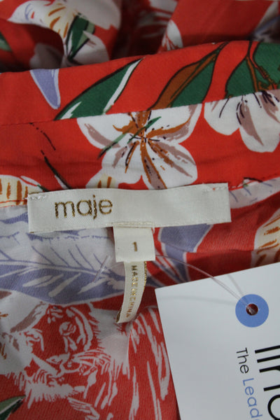 Maje Women Orange Floral Collared Viscose Button Up Blouse 3/4 Sleeve Size 1