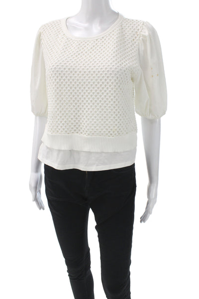 Zara Women Cropped Blouse White Round Neck Short Sleeve Cotton Polyester Size S