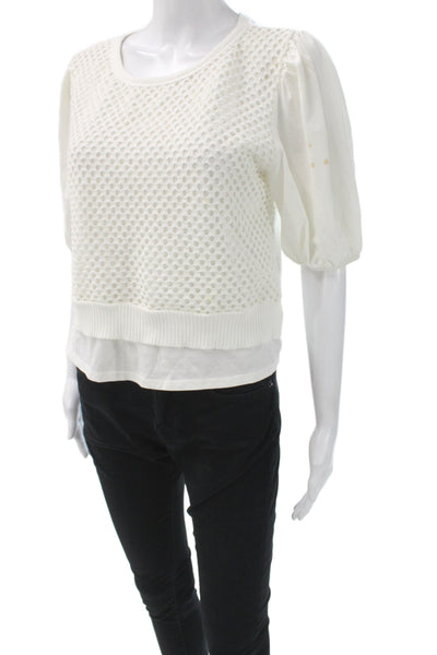Zara Women Cropped Blouse White Round Neck Short Sleeve Cotton Polyester Size S