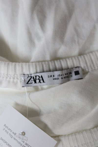 Zara Women Cropped Blouse White Round Neck Short Sleeve Cotton Polyester Size S