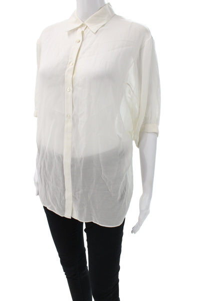 Vince Womens Basic Collared Button Up Blouse White 3/4 Sleeve Cotton Size S
