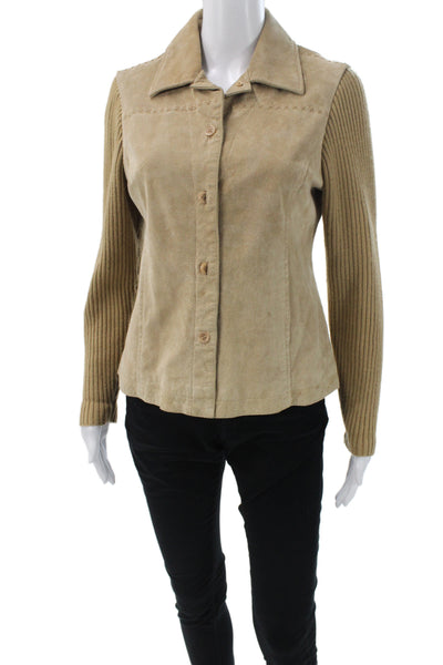 Live A Little Womens Tan Leather Button Collared Long Sleeve Jacket Size PM