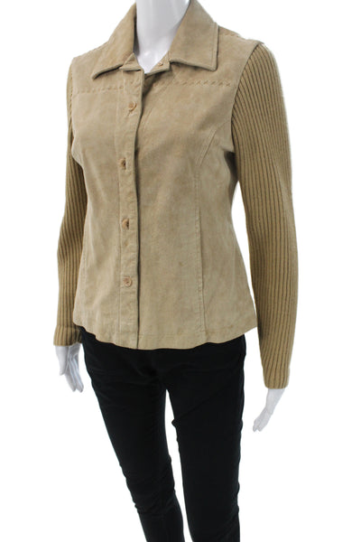 Live A Little Womens Tan Leather Button Collared Long Sleeve Jacket Size PM