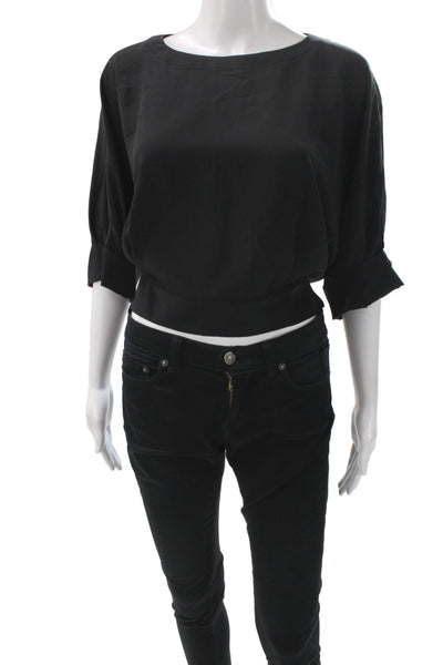 Tara Jarmon Women Black Cropped Blouse 3/4 Sleeve Round Neck Polyester Size 38