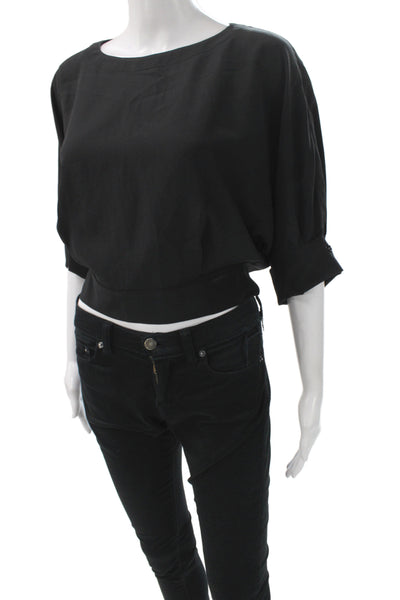 Tara Jarmon Women Black Cropped Blouse 3/4 Sleeve Round Neck Polyester Size 38