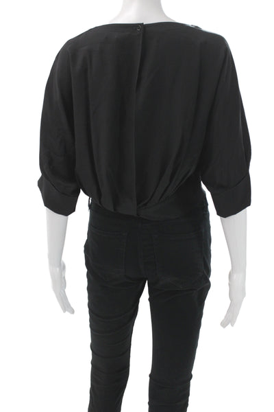 Tara Jarmon Women Black Cropped Blouse 3/4 Sleeve Round Neck Polyester Size 38