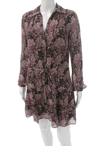 Paige Black Label Womens Shirt Dress Black Silk Floral Long Sleeve Size XS