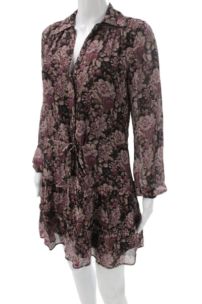 Paige Black Label Womens Shirt Dress Black Silk Floral Long Sleeve Size XS