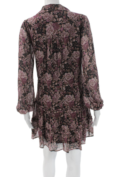 Paige Black Label Womens Shirt Dress Black Silk Floral Long Sleeve Size XS