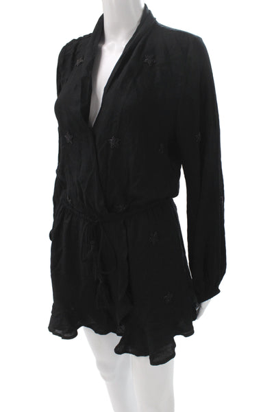 Surf Gypsy Women Black V Neck Long Sleeve Cotton Linen Romper Size S